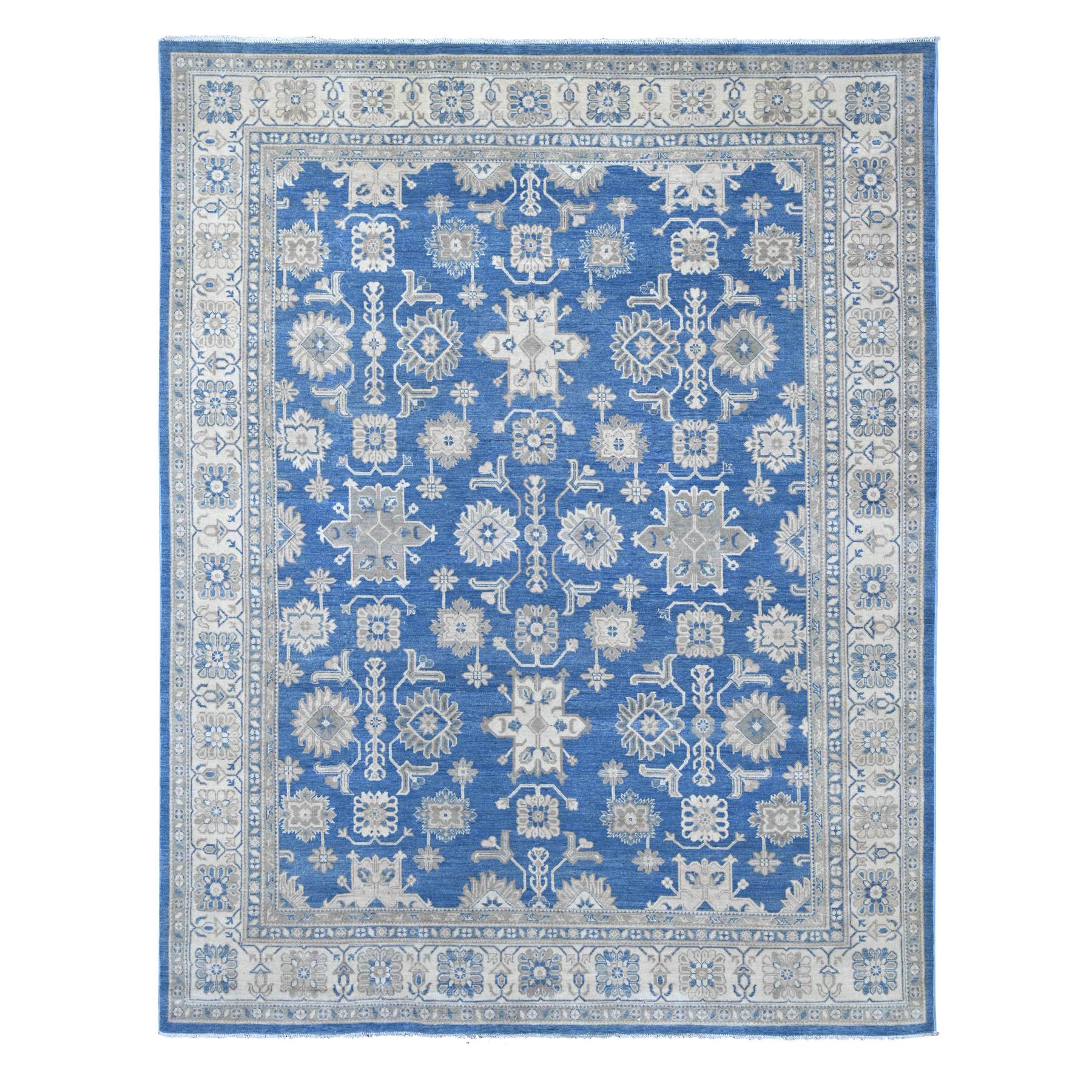 8'9"x11'3" Bayern Blue, Hand Knotted, Vintage Look Kazak with All Over Design, 100% Wool, Natural Dyes, Oriental Rug 